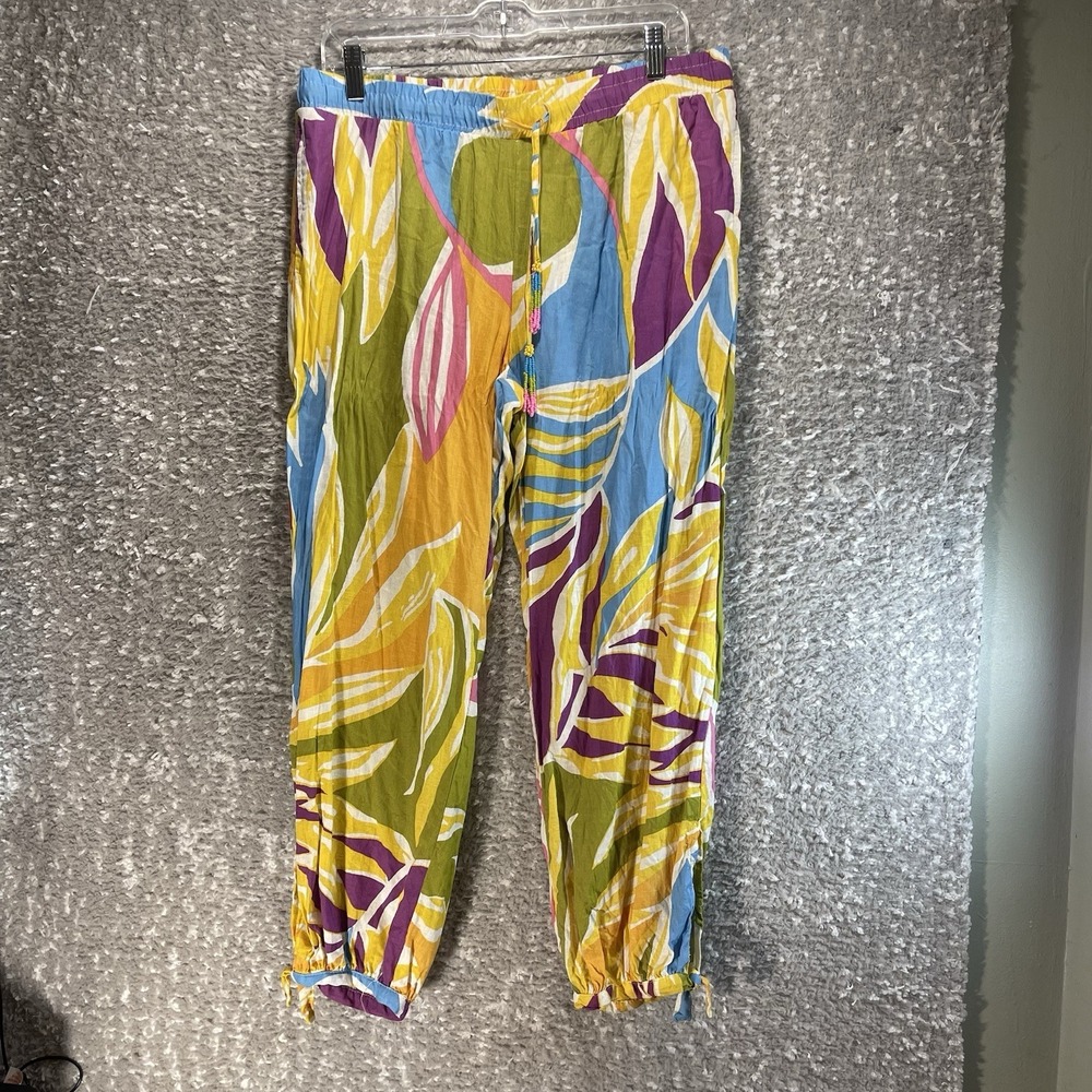 Christian Siriano Linen Blend Jogger Pants M Colorful Coastal Pockets Beach Boho